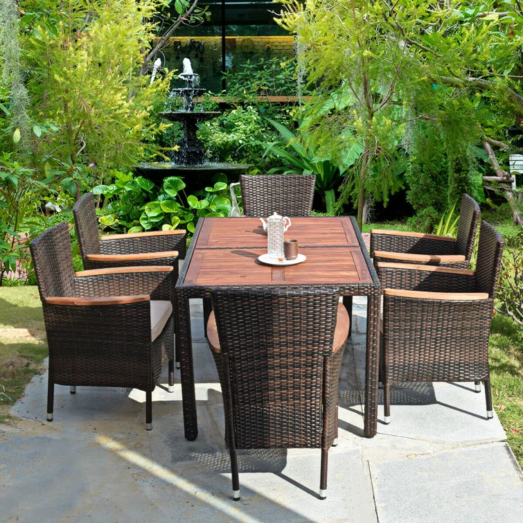 7 PCS Outdoor Dining Set Wicker Rattan Patio Furniture Table Chair